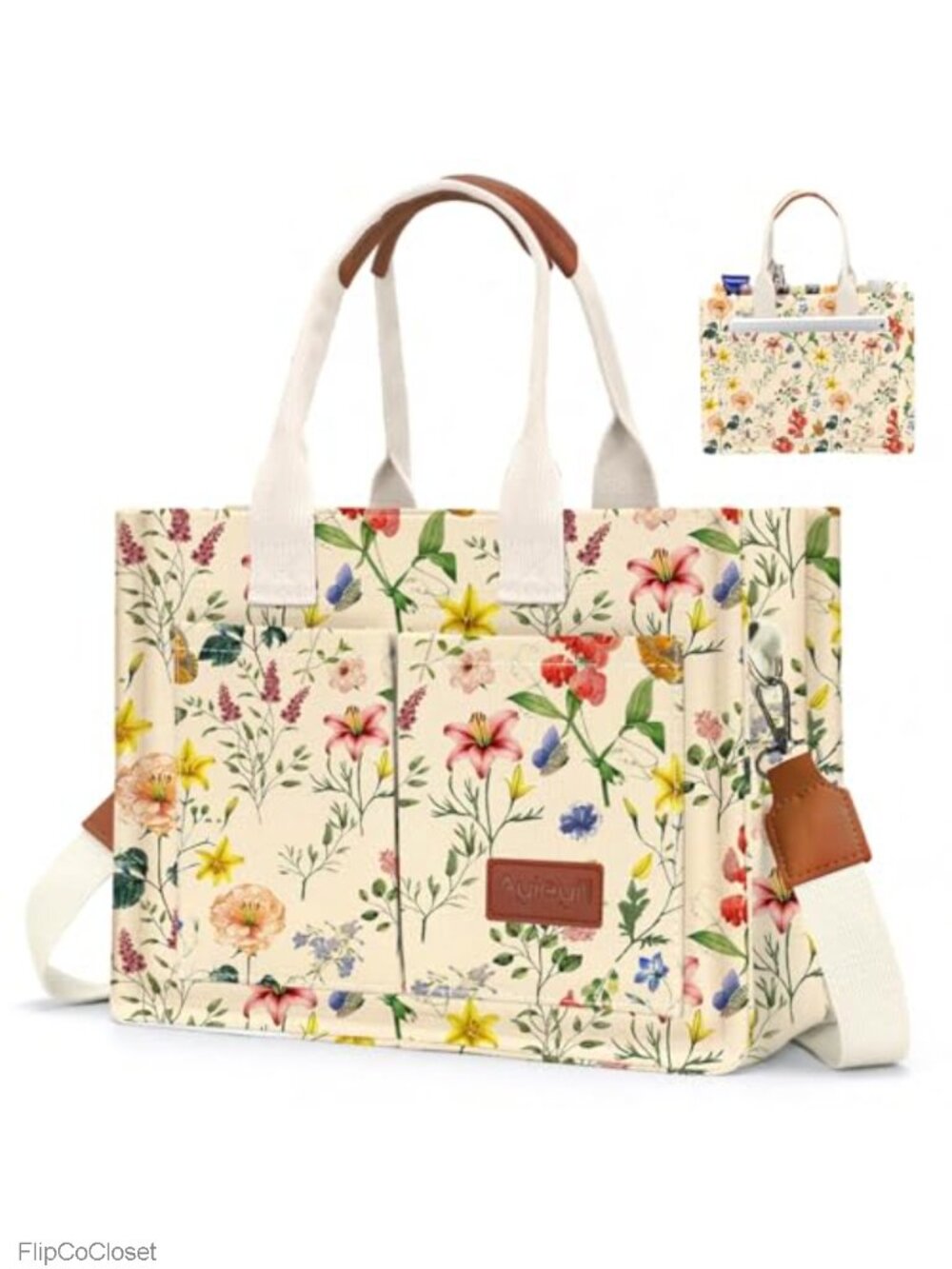 Canvas Tote Bag with Pockets Crossbody Shoulder Handbag